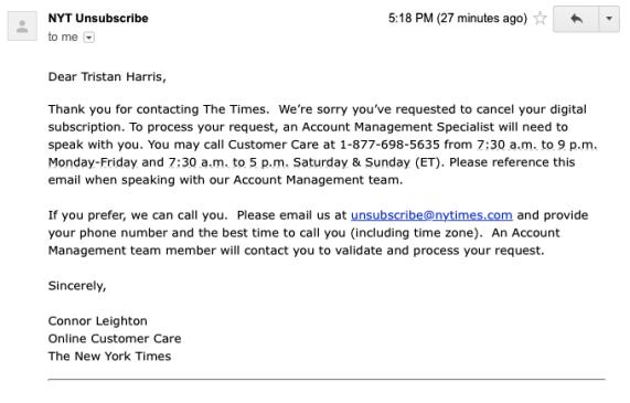 Например, NYTimes.com позволяет «свободно» отказаться от вашей электронной подписки