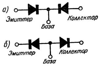 Схематическое изображение транзисторов структур р-n-р тира (а) и n-р-n типа (б)