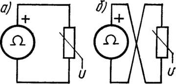 Схема измерения статического сопротивления варистора в «прямом» (а) и «обратном» (б) направлениях