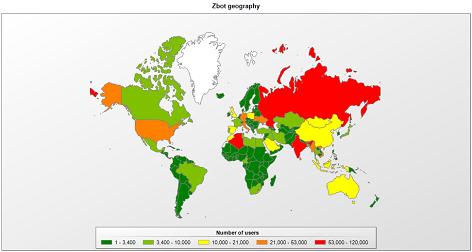 Карта попыток заражений вредоносной программой ZeuS/Zbot за 2012 год (статистика KSN)